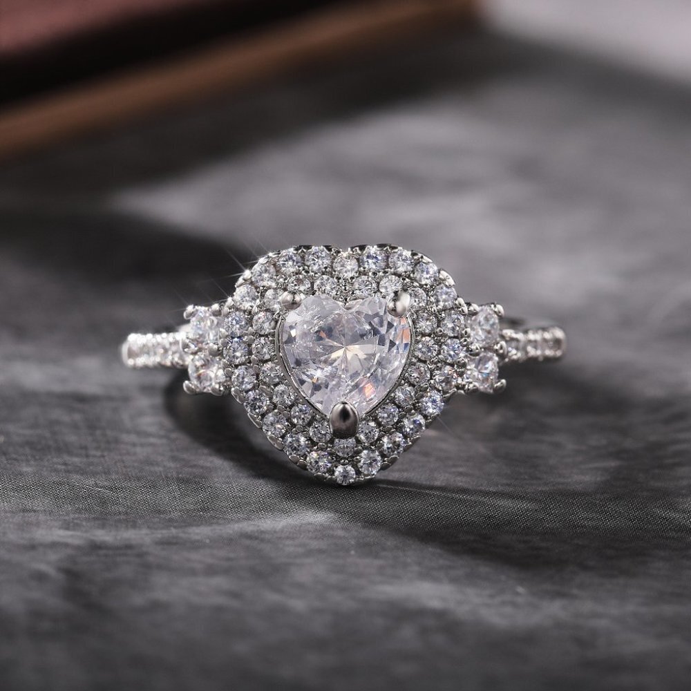 😍Diamond Heart CZ Shiny 14k White Gold Luxury Macro Pave Ring for Women, K852 - Picture 8 of 11